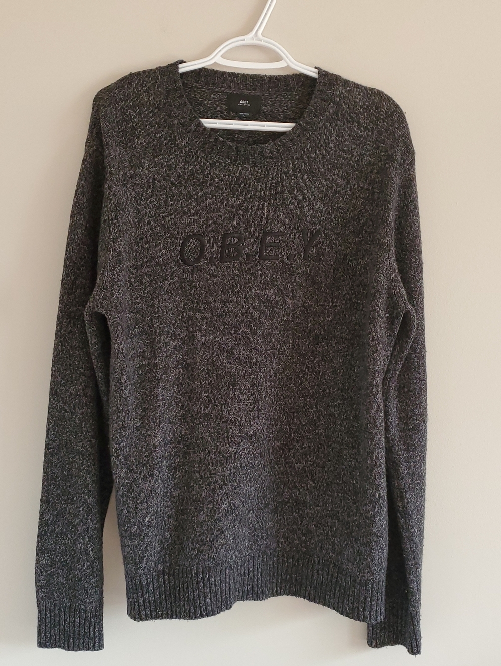 Obey Worldwide Charcoal Gray Wool Nylon Blend Crewneck Sweater Sz L Preppy